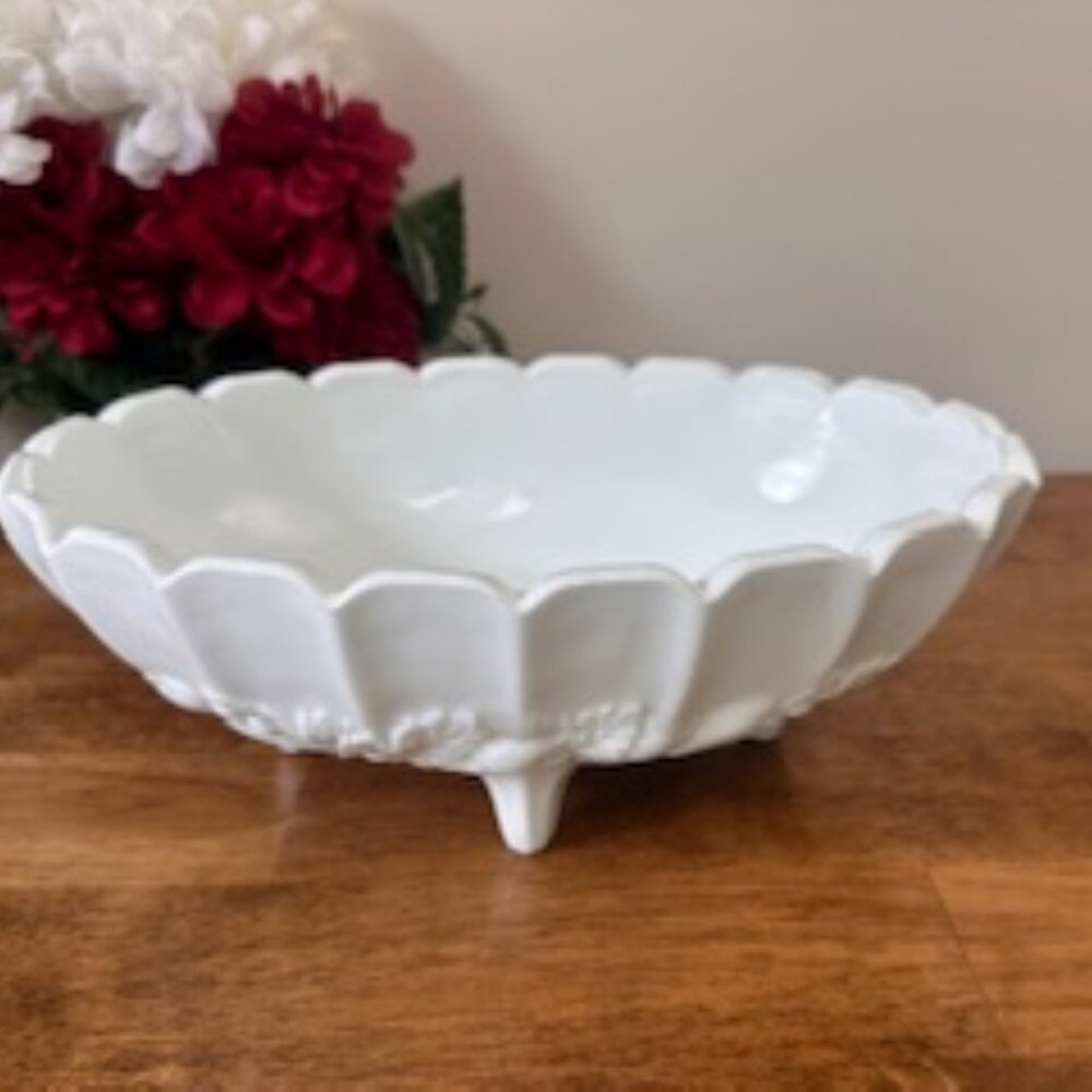 Indiana Glass Milk Glass Pedestal Bowl Fruit Motif Scalloped Footed Centerpiece‎